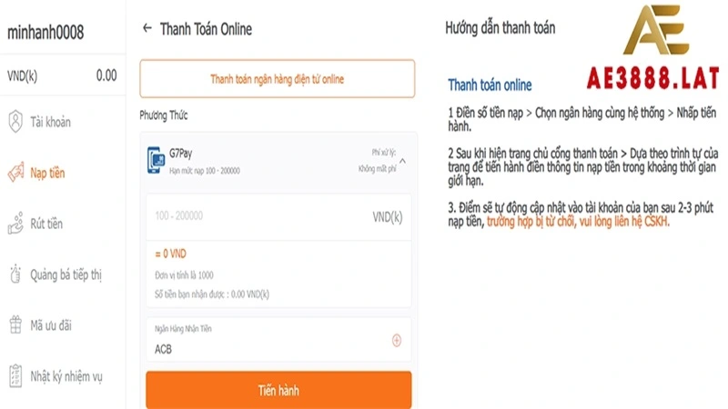 nap tien ae888 2 Thanh toán xong cần chụp màn hình hóa đơn